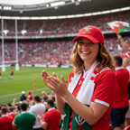 Woman wearing Welsh Three Feathers red baseball cap smiling at Welsh rugby match