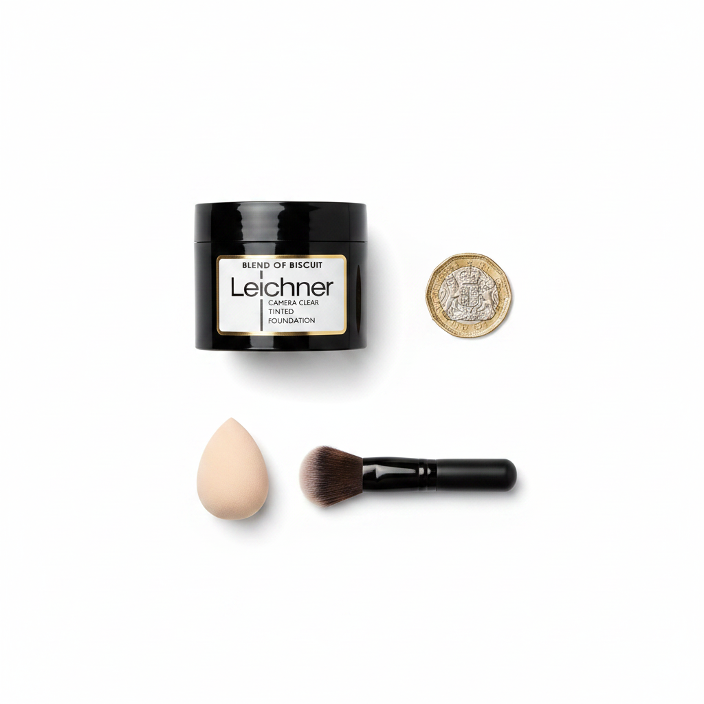 Leichner Camera Clear Tinted Foundation flat lay with £1 coin for scale, overhead product photography on white background