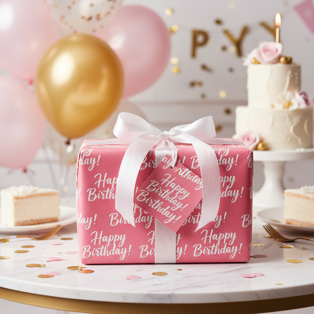 Beautifully wrapped birthday present with pink Happy Birthday wrapping paper on party table with balloons and cake