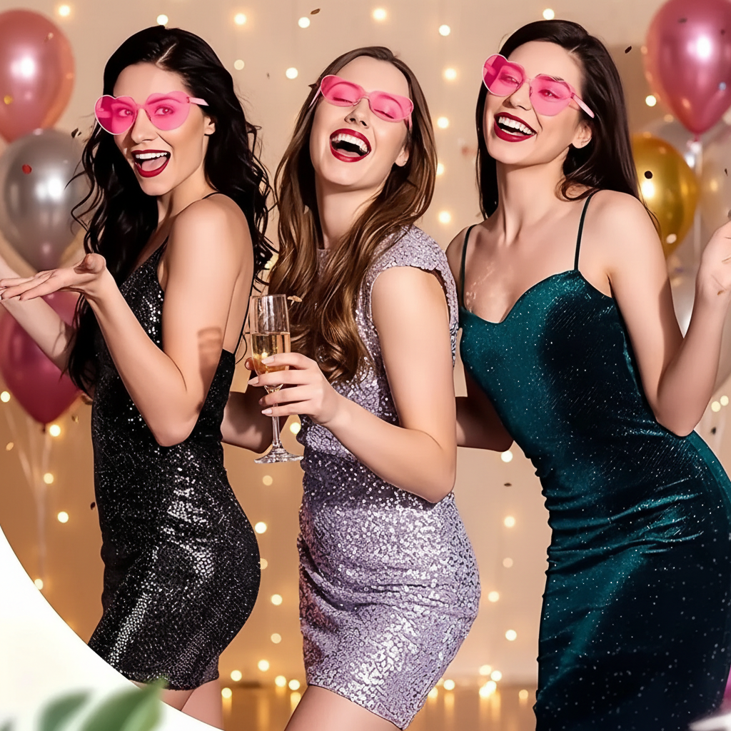Woman wearing pink heart shaped fashion glasses celebrating at a birthday party - Why Not Shop