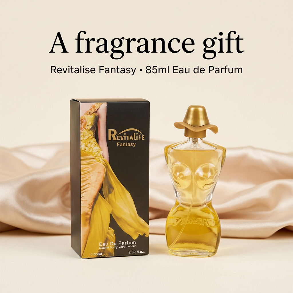 Revitalise Fantasy 85ml perfume and gold dress artwork box against champagne fabric with gifting caption.