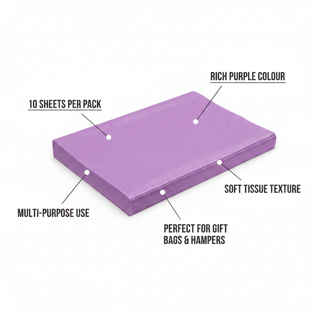 Purple tissue paper pack of 10 with feature callouts: 10 sheets, rich purple colour, soft texture, multi-purpose