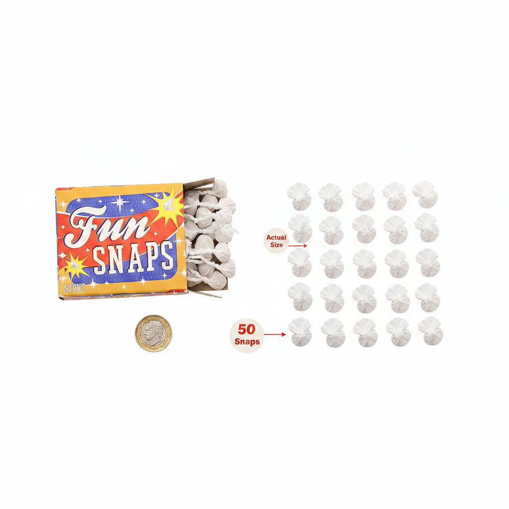 Fun Snaps Throwdowns 50 Pack flat lay showing all 50 snap twists arranged beside the box with a £1 coin for scale reference