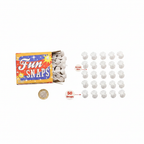 Fun Snaps Throwdowns 50 Pack flat lay showing all 50 snap twists arranged beside the box with a £1 coin for scale reference