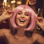Woman putting on baby pink bob wig laughing at hen party