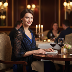 Stylish woman wearing black lace pashmina shawl at romantic candlelit restaurant dinner