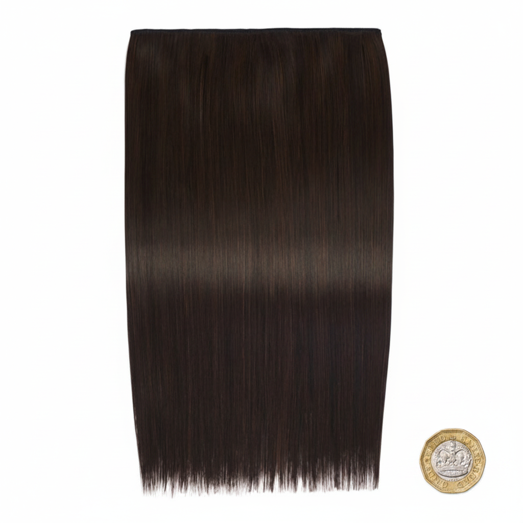 20 inch straight clip-in hair extension Colour #2 Nigella flat lay beside a UK £1 coin for scale on white background