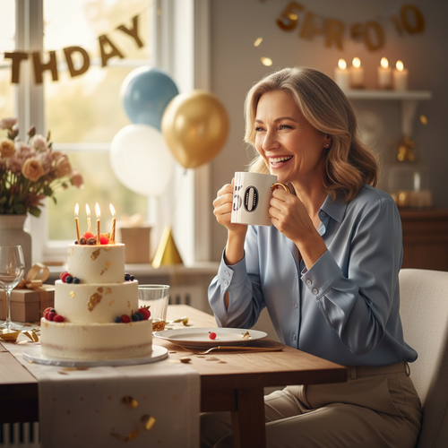 Happy person celebrating 50th birthday holding Art Deco white blue gold gift mug at party