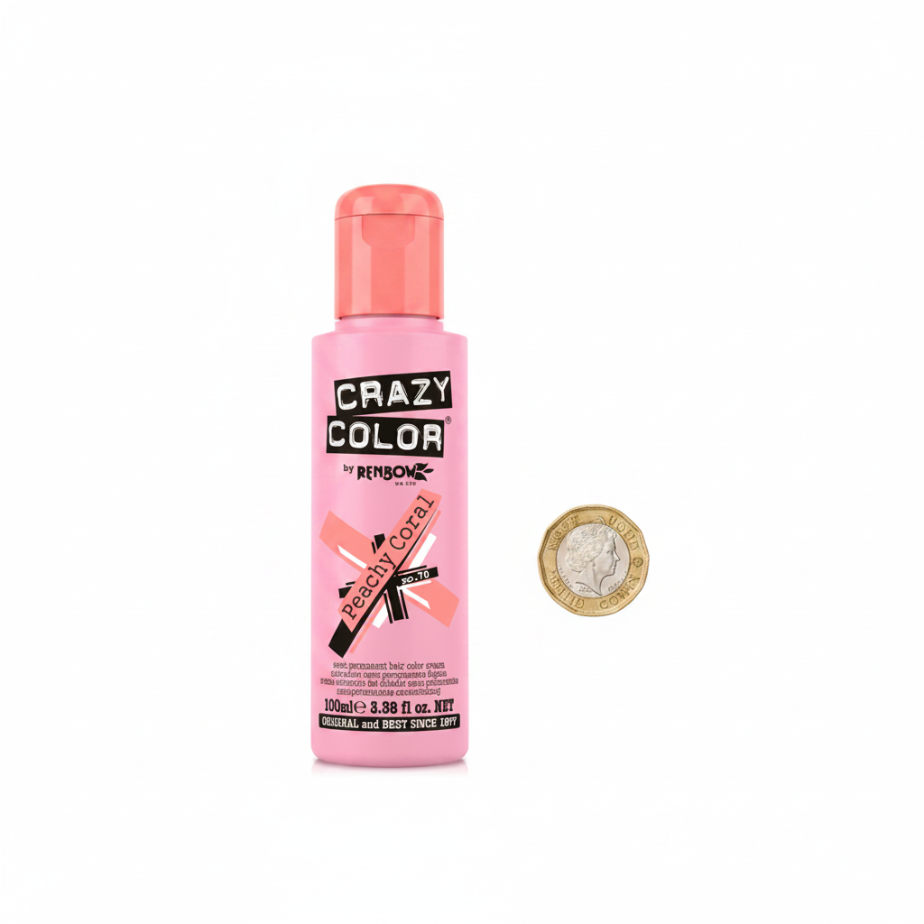Crazy Color Peachy Coral Hair Dye 100ml flat lay beside a £1 coin showing product size on white background