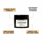 Leichner Camera Clear Foundation Porcelain feature infographic highlighting camera-ready formula, lightweight coverage, long-lasting wear, fair skin tones