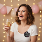 Woman wearing Bride To Be hen party badge celebrating with champagne at a hen party