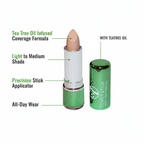W7 Tea Tree Concealer Stick Light/Medium premium feature infographic with callout labels: Tea Tree Oil Infused, Full Coverage Formula, Light to Medium Shade, Precision Stick Applicator, All-Day Wear