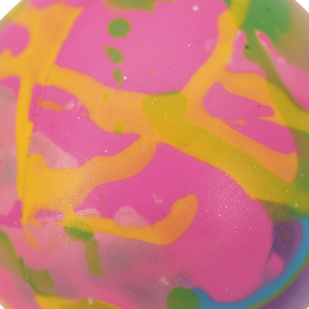 Extreme macro close-up of squishy graffiti ball surface showing vibrant swirled texture in pink, yellow-green, blue and purple with raking side light