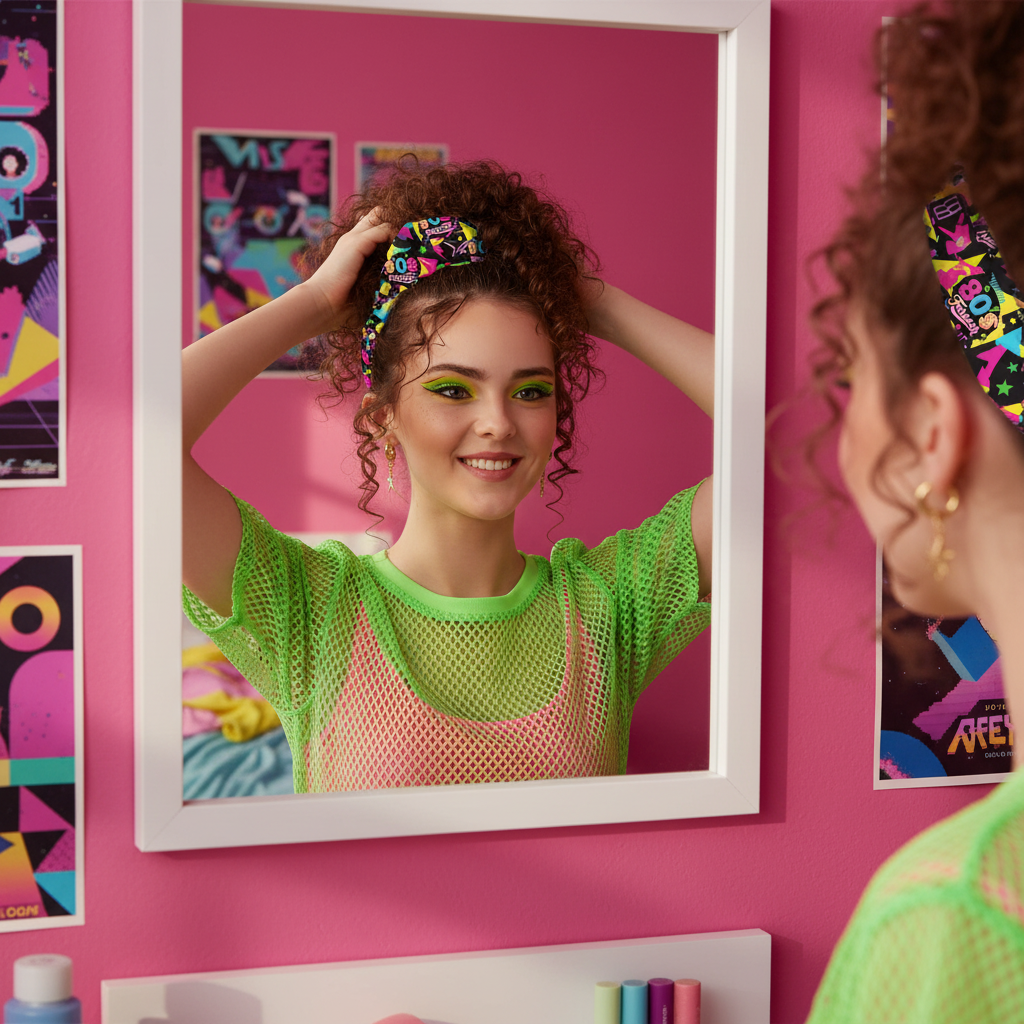 Teenage girl getting ready for an 80s party styling her hair with the 80's Forever Multi-Coloured Hair Scrunchie