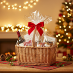 Christmas hamper wrapped in clear cellophane with red bow and festive decorations