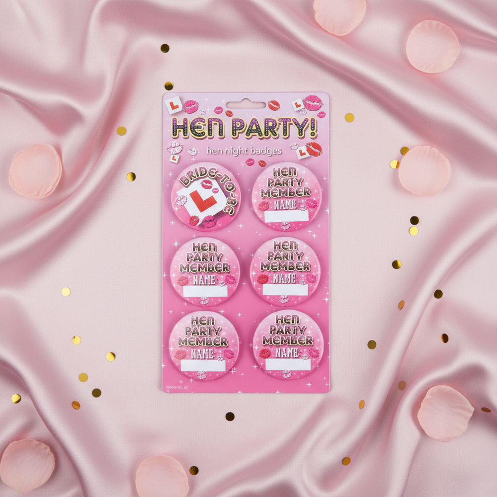 Hen Night Bachelorette Badges Pack of 6 displayed on blush pink satin with gold confetti – fun party accessories for the bride tribe