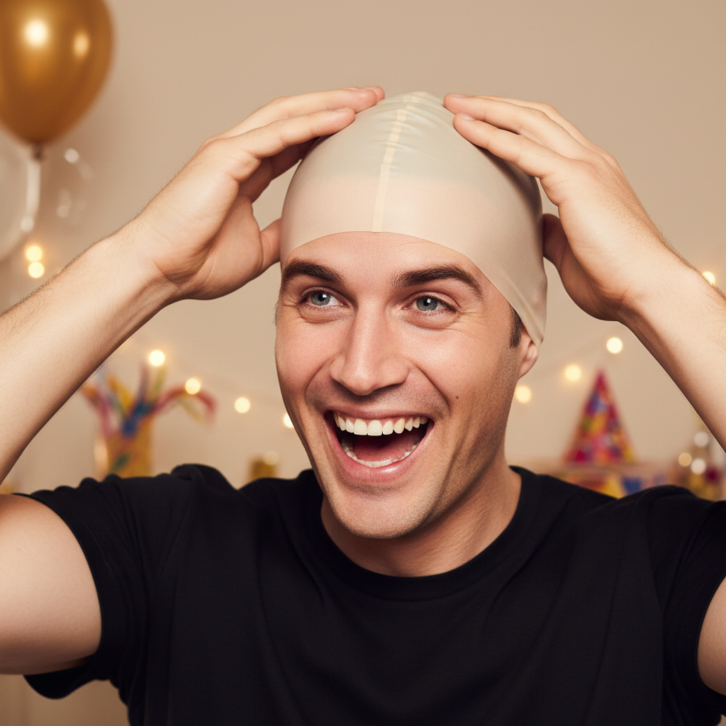 Man laughing while applying warm beige latex bald cap, candid party preparation moment, cinematic bokeh background