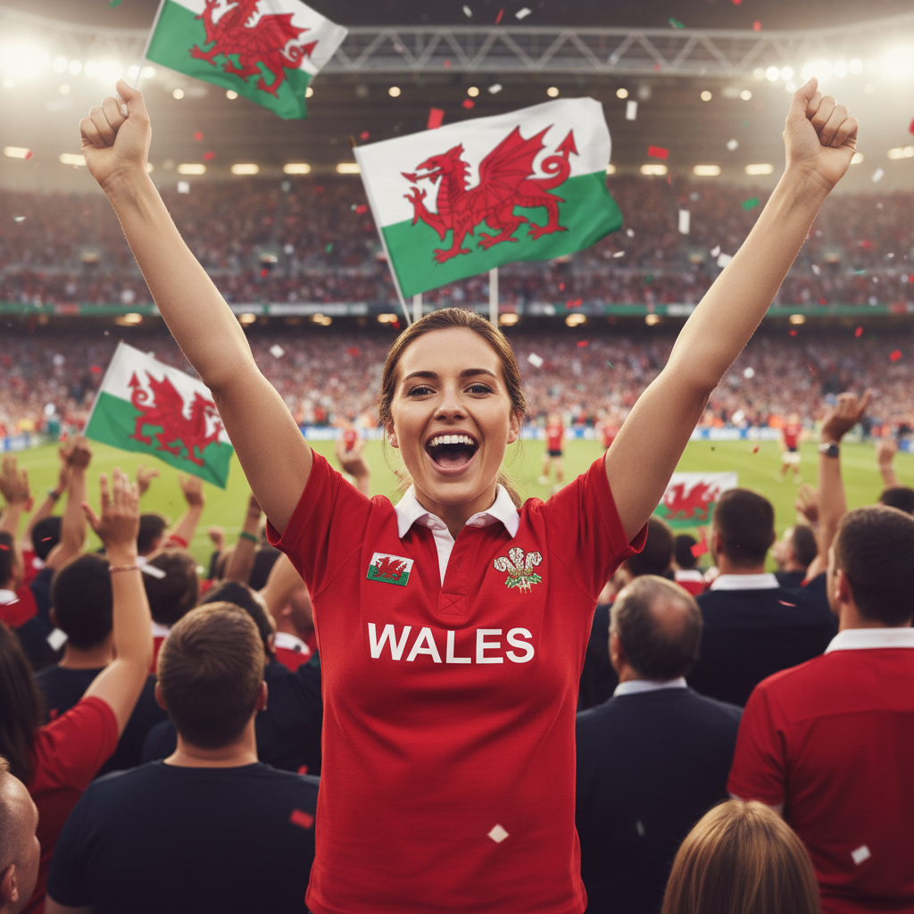 Woman wearing Wales rugby shirt cheering at match - lifestyle image