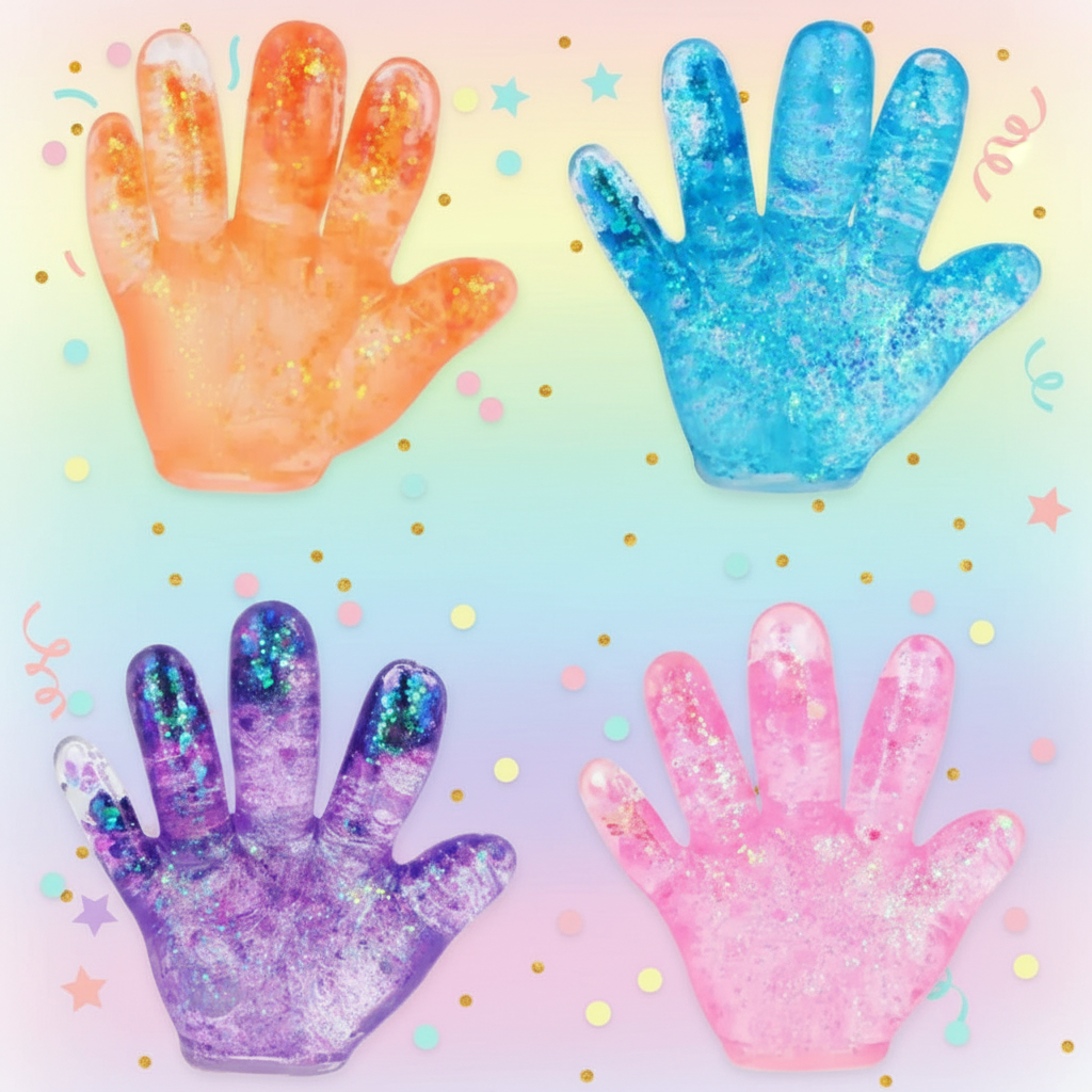All four Stretch and Squeeze Hand Gel Toy colours arranged in 2x2 grid on white background with pastel glitter confetti