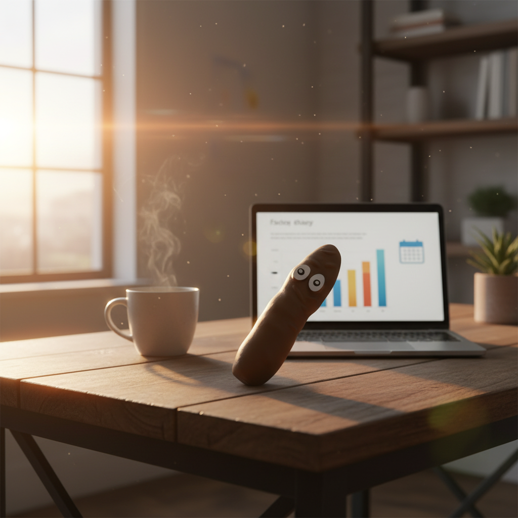 Stretchy Squeezy Poop novelty stress toy on office desk in golden hour light for stress relief lifestyle scene