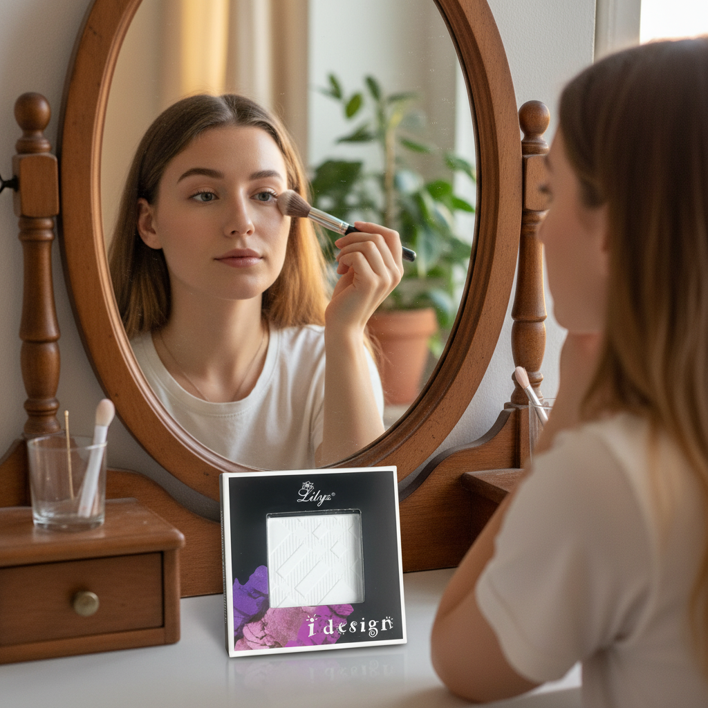 Woman applying Lilyz Snow White eyeshadow at vanity mirror in golden hour light