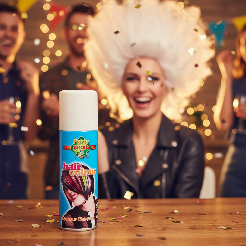 Person with striking styled white hair beside the temporary hair colour spray can