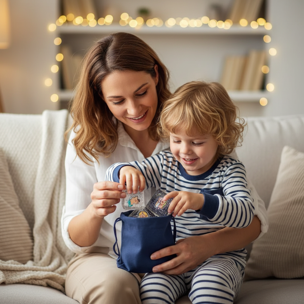 Parent and child discovering Cutie Cube capybara toys as a gift on a cosy sofa