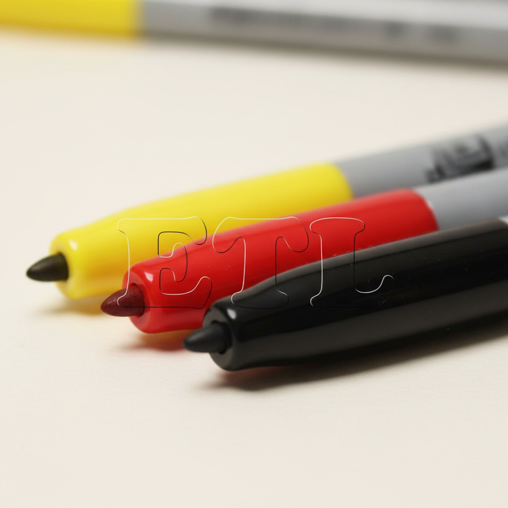 Extreme macro close-up of Tallon Permanent Marker tips and caps showing bullet tip precision and smooth cap finish in yellow, red and black