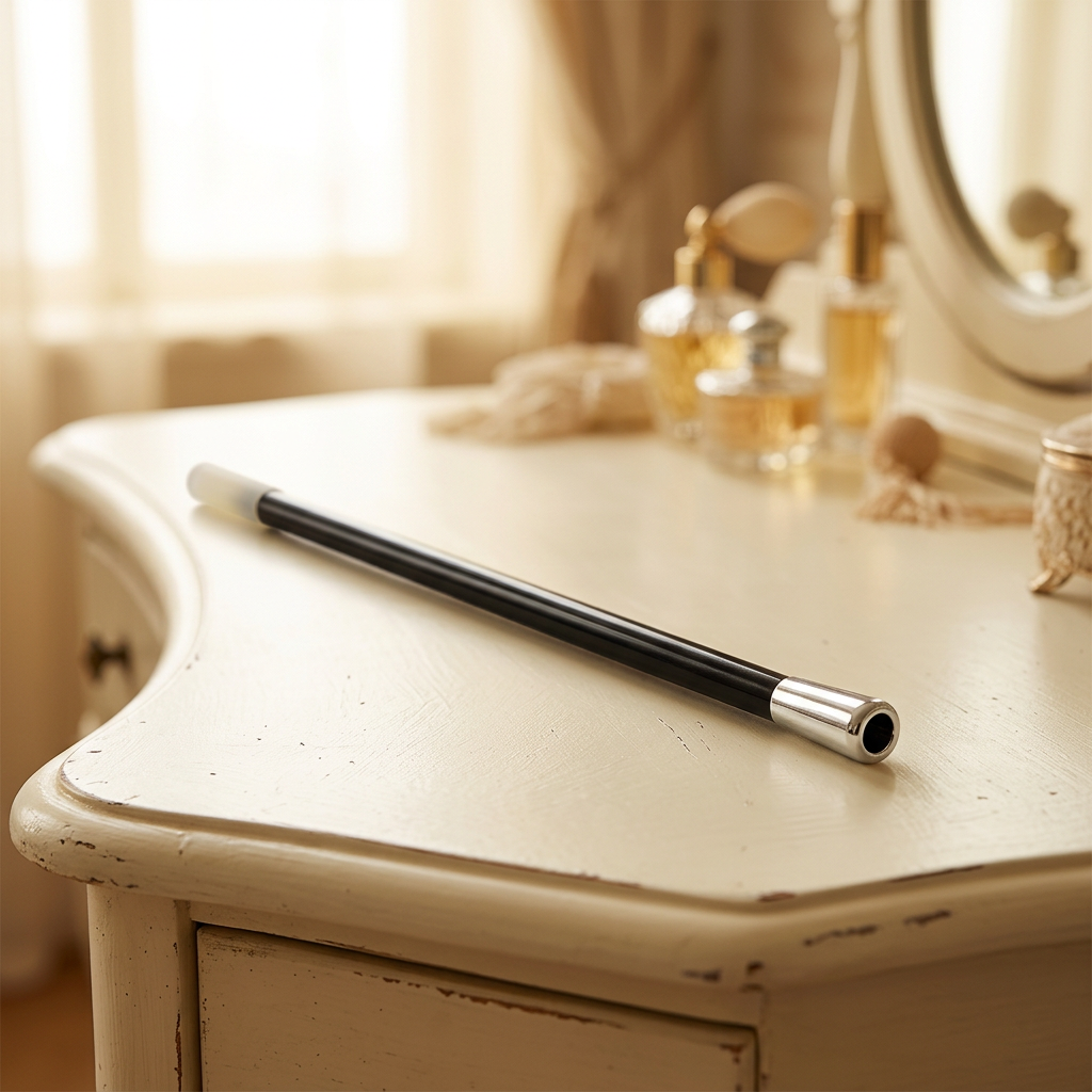 Black cigarette holder resting on an ivory vintage-style dressing table