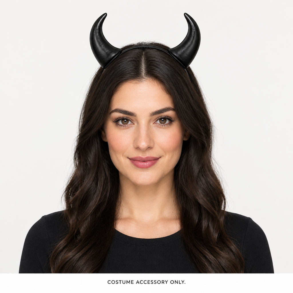 Adult wearing the black devil horns headband with plain black clothing