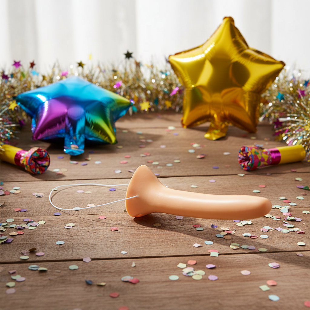 Long Nose Liar Pinocchio prop on rustic wooden surface with party props and confetti