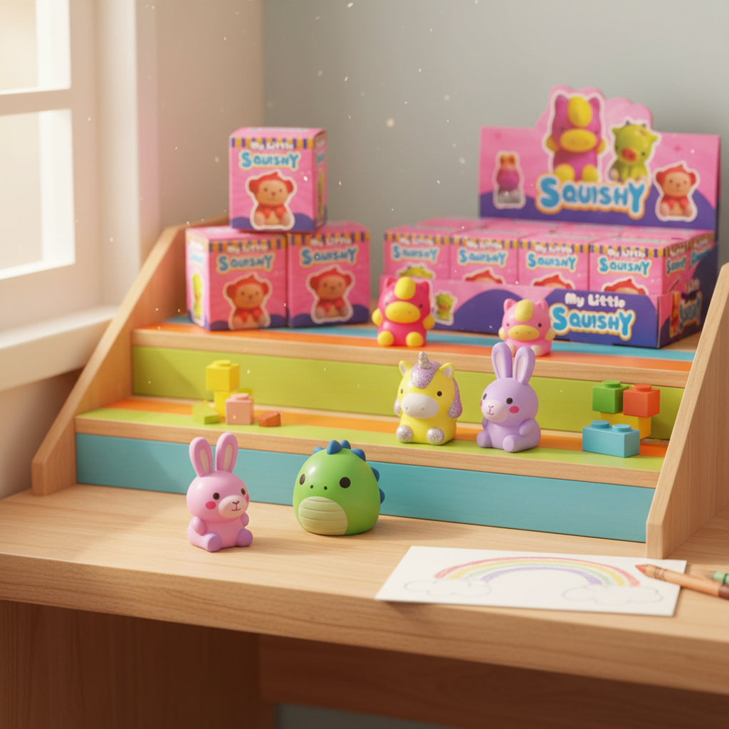 Collection of assorted squishy animal toys displayed on a child's shelf — bear, unicorn, dinosaur, rabbit