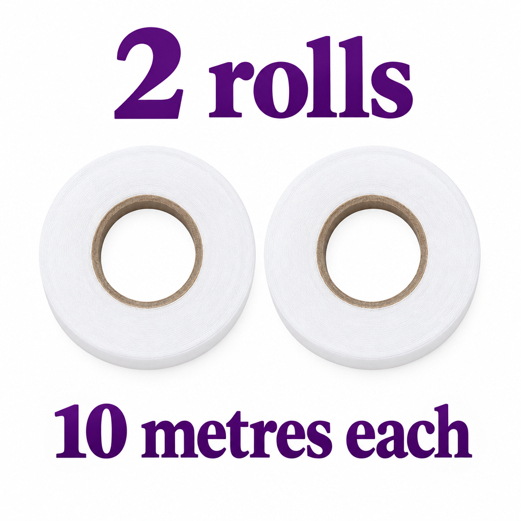 Two white hemming tape rolls pictured with text stating 10 metres per roll