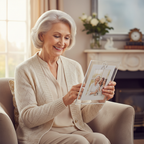 Elderly woman smiling and admiring the Silver Age 70 Milestone Photo Frame – perfect 70th birthday gift
