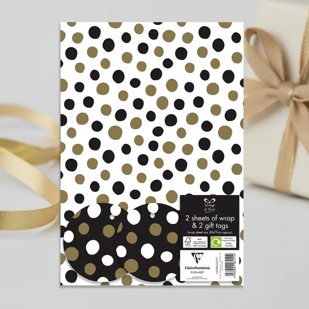 Flatwrap Generic 2 Sheets & 2 Tags Dots Black And Gold - Why Not Shop