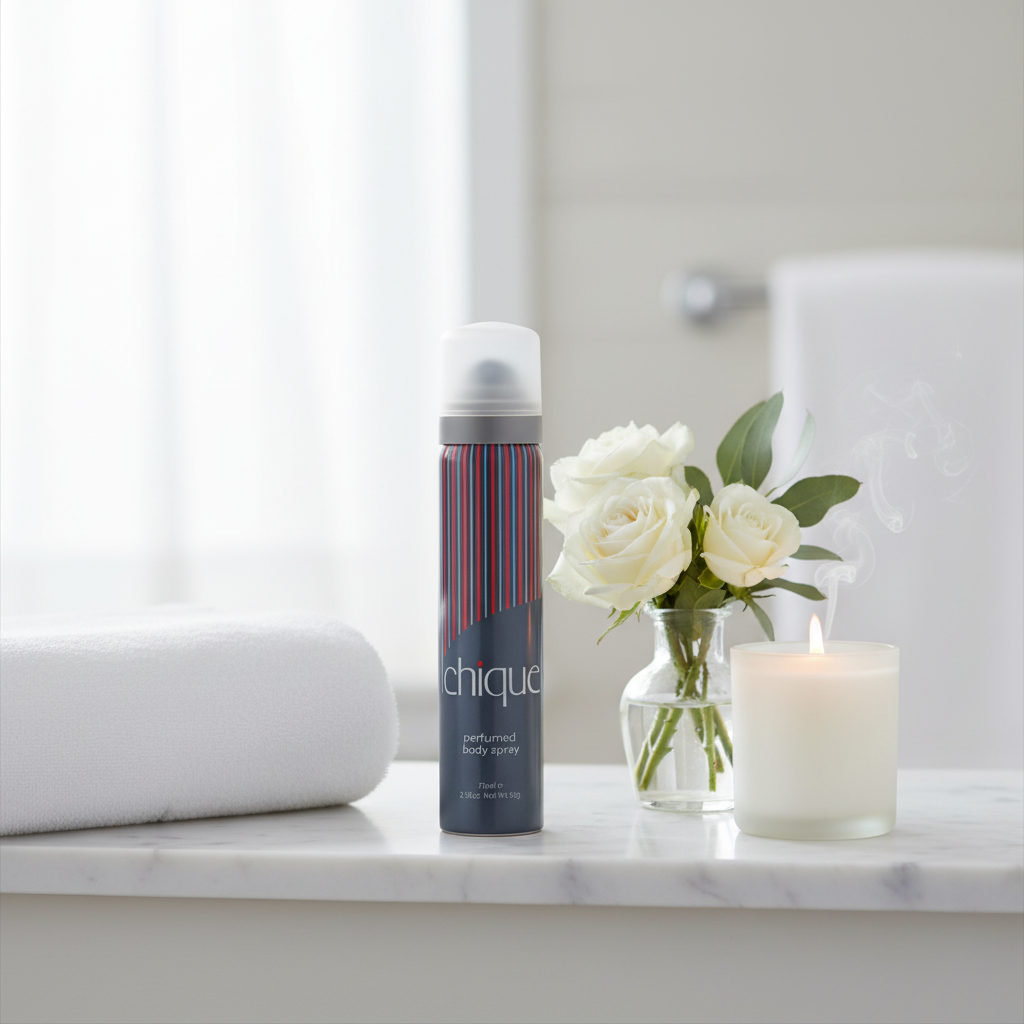 Chique 75ml body spray on a marble bathroom shelf with flowers and candle in a spa-like setting