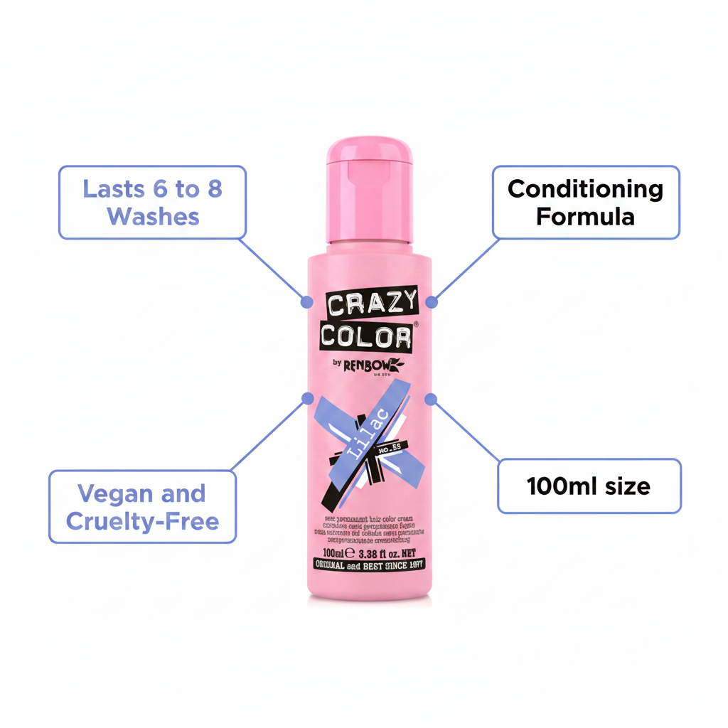 Crazy Color Lilac No.55 Hair Dye 100ml feature infographic — lasts 6–8 washes, conditioning formula, vegan and cruelty-free