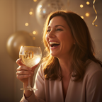 Woman laughing joyfully at a 50th birthday celebration holding the Art Deco gin glass, golden hour warmth