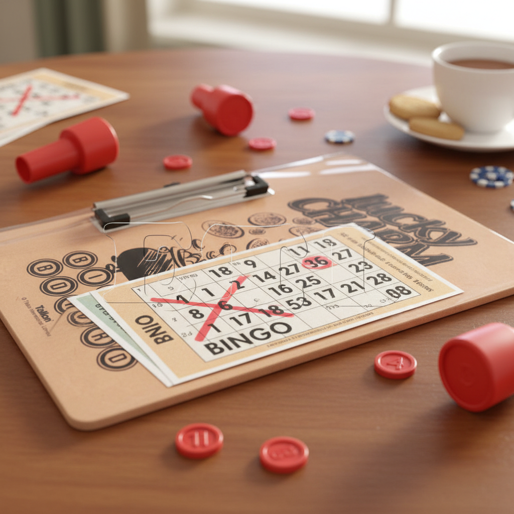 Completed bingo session with Tallon Lucky Charm Bingo Board showing winning line marked on ticket