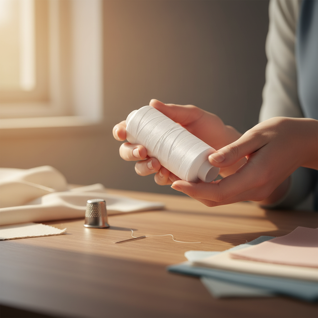 Woman holding white cotton sewing thread reel at a sewing table in warm golden hour light — creative crafting lifestyle