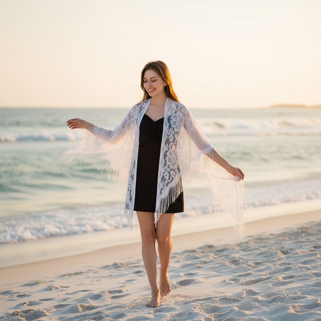 Woman wearing white lace triangular shawl scarf as a beach cover-up walking on white sand at golden hour