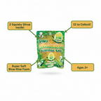 Dino Squishies Surprise Bag feature infographic showing 2 dinos inside, 12 to collect, soft slow-rise foam, party bag filler, ages 3 plus