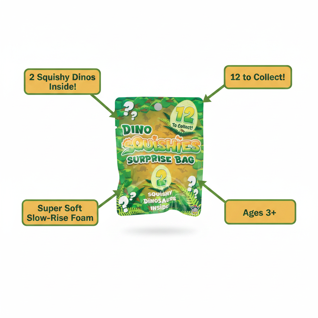 Dino Squishies Surprise Bag feature infographic showing 2 dinos inside, 12 to collect, soft slow-rise foam, party bag filler, ages 3 plus