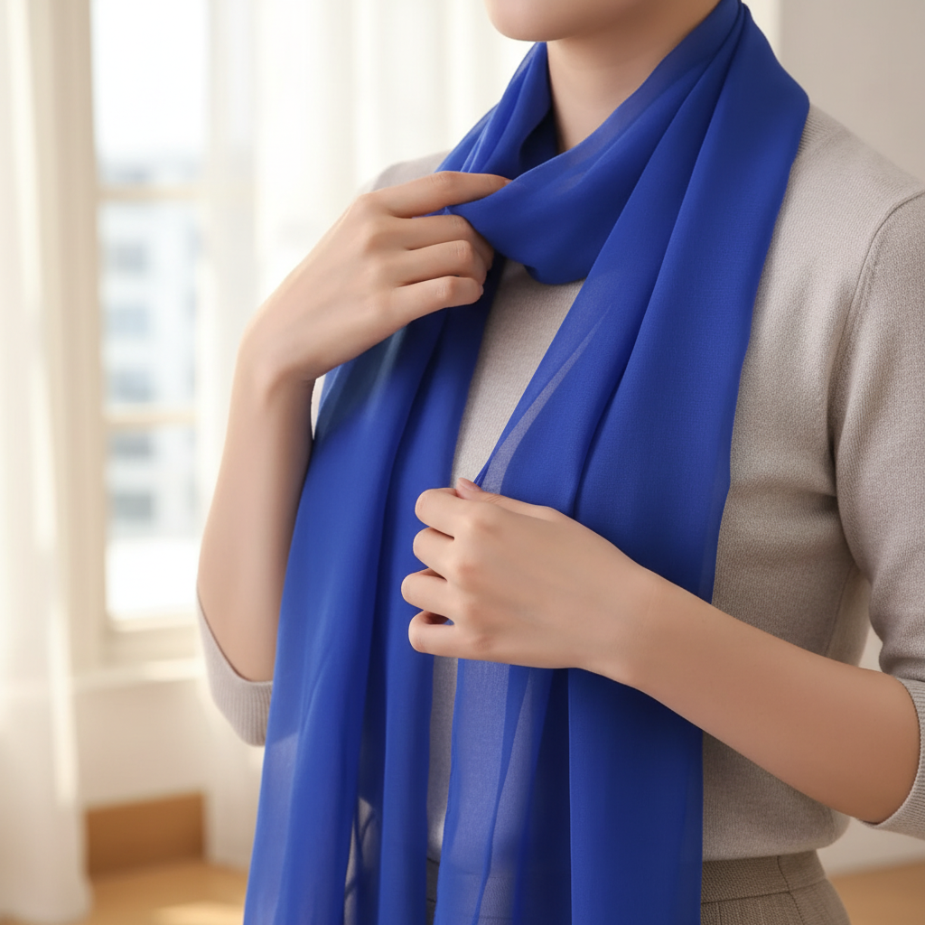 Close-up of woman's hands styling a lightweight blue chiffon scarf in a cozy home setting