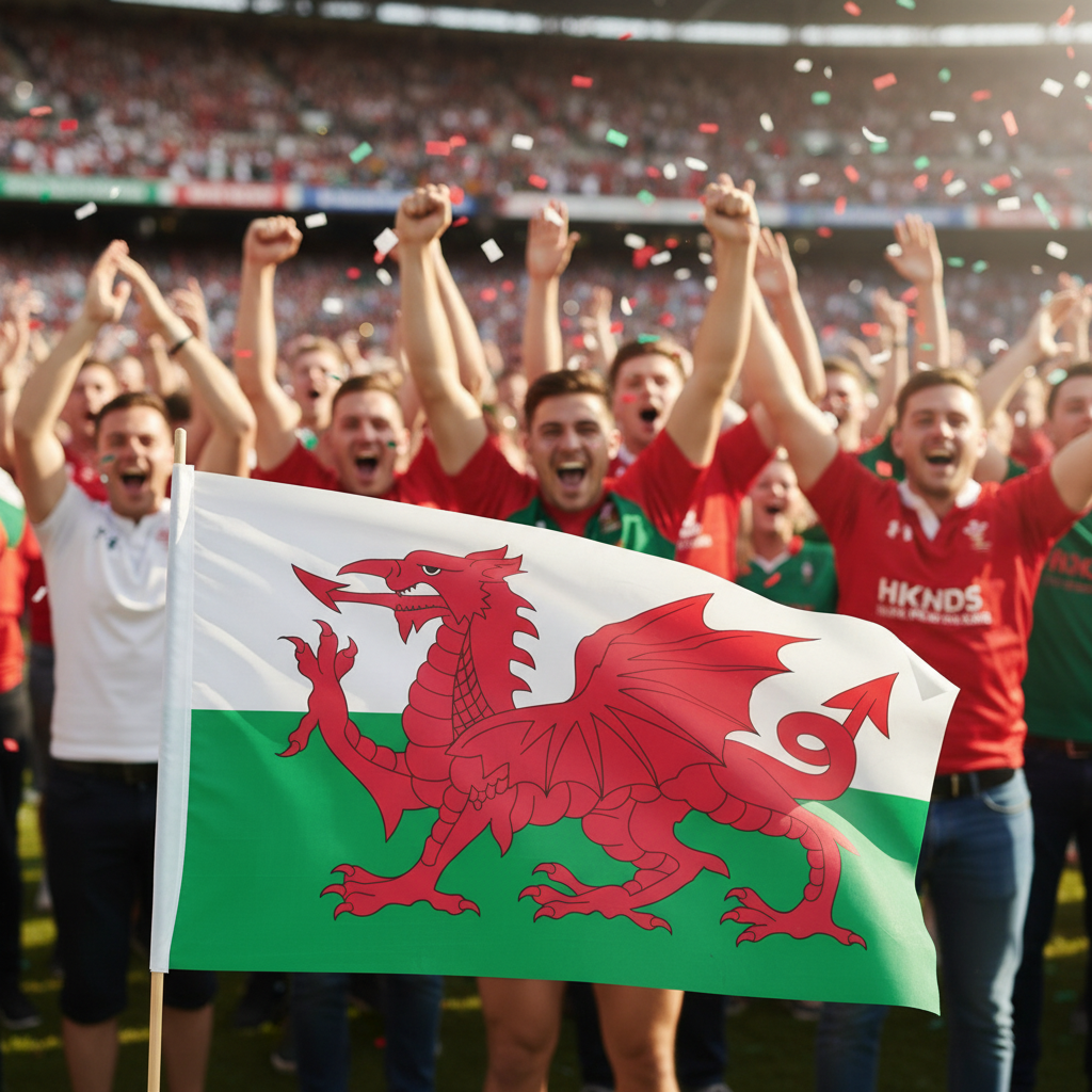 Welsh flag being proudly displayed at sporting event with celebrating fans
