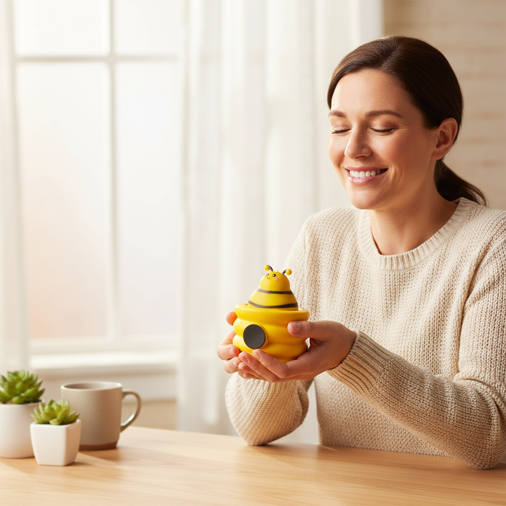 Relaxed smiling adult holding the Squishy Pop Up Beehive yellow fidget toy at a desk — stress relief and calm outcome