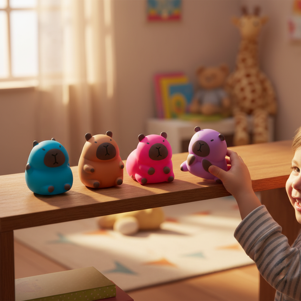 All four stretchy capybara squeeze toys lined up on a bedroom shelf with child reaching for purple one in golden hour light