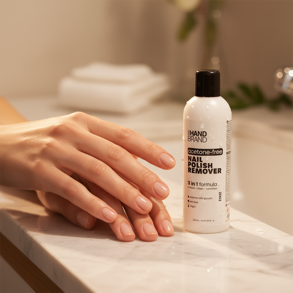 Elegant hands with healthy bare nails resting on marble vanity beside The Hand Brand Acetone-Free Nail Polish Remover 250ml in golden hour light