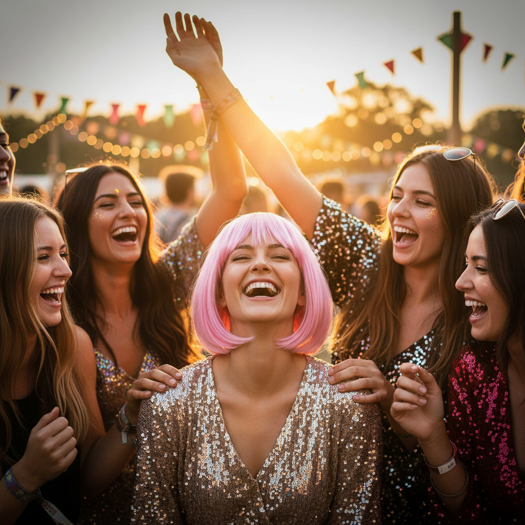 Women celebrating at hen party one wearing baby pink bob wig