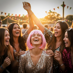 Women celebrating at hen party one wearing baby pink bob wig